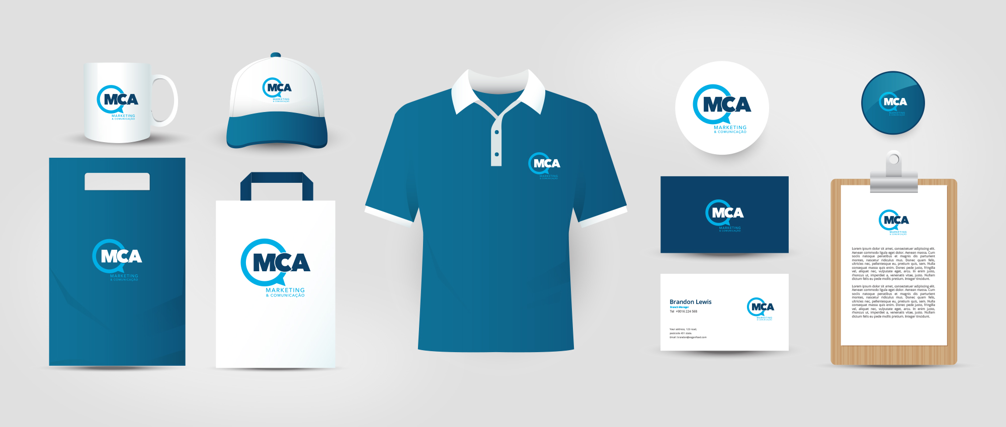 Identidade visual Agência MCA, aplicada em diversos materiais
